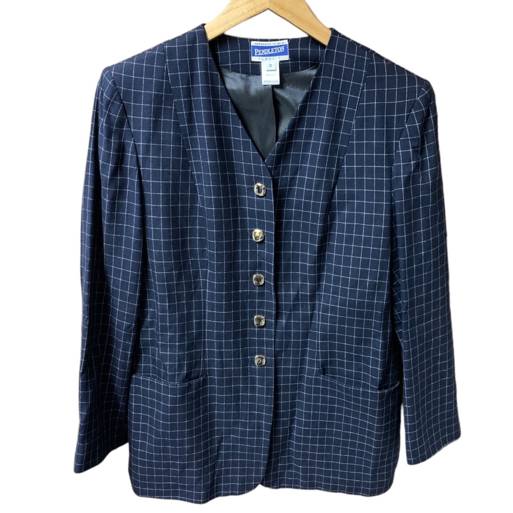 Vintage Pendleton Navy Blue Window Pane Button Front Rayon Blazer Size 10